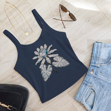 Load image into Gallery viewer, Melodia Gallery navy blue 100% cotton crop tank top with vintage lotus bloom graphic art.
