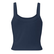 Load image into Gallery viewer, Melodia Gallery navy blue 100% cotton micro rib crop tank top with wide straps and scoop neckline.
