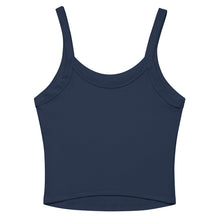 Load image into Gallery viewer, Melodia Gallery navy blue micro-rib cotton crop tank top with thin straps and scoop neckline.
