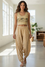 Load image into Gallery viewer, Melodia Gallery soft oatmeal 100% cotton crop top with peacock feather graphic. Polyester free.
