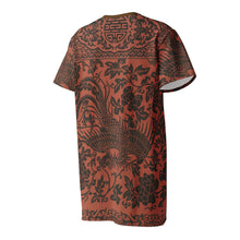 Load image into Gallery viewer, Melodia Gallery oversized cotton t-shirt dress in rust orange with black phoenix and floral print. Features a crew neck and short sleeves.
