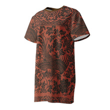 Load image into Gallery viewer, Melodia Gallery oversized cotton t-shirt dress in rust with black phoenix and floral print. Features a crew neck and short sleeves.
