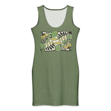 Load image into Gallery viewer, Melodia Gallery green cotton bodycon tank dress with vintage passionflower floral print
