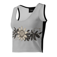 Load image into Gallery viewer, Melodia Gallery Passionflower Cotton Crop Top, vintage art nouveau inspired tank with floral print on light grey fabric.
