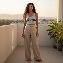 Load image into Gallery viewer, Melodia Gallery Passionflower Cotton Crop Top, vintage art nouveau inspired tank with a floral print on a light grey background.
