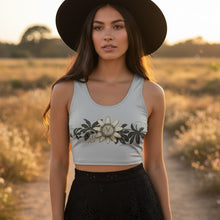 Load image into Gallery viewer, Melodia Gallery Passionflower Cotton Crop Top, vintage art nouveau inspired tank with a floral print on a light grey background.
