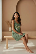 Load image into Gallery viewer, Melodia Gallery sage green 100% cotton bodycon tank dress with vintage passionflower graphic print.
