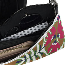 Load image into Gallery viewer, Melodia Gallery Passionflower Art Nouveau crossbody bag in faux leather with pink floral print and dark gray hardware. Multiple interior pockets.
