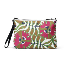 Load image into Gallery viewer, Melodia Gallery Passionflower Art Nouveau crossbody bag in faux leather with pink flowers and green leaves pattern.
