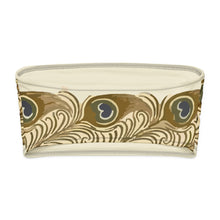 Load image into Gallery viewer, Melodia Gallery Peacock Art Nouveau Recycled Bandeau Bikini Top. Cream bandeau bikini top with a repeating peacock feather eye pattern in brown and blue.
