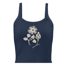 Load image into Gallery viewer, Melodia Gallery navy blue 100% cotton micro-rib crop tank top with vintage floral graphic print.
