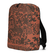Load image into Gallery viewer, Melodia Gallery terracotta backpack with black phoenix and floral print. Features padded straps and a hidden back pocket.

