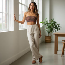 Load image into Gallery viewer, Melodia Gallery Phoenix + Floral Recycled Bandeau Bikini Top. Terracotta with black phoenix and floral print. Recycled polyester and elastane.
