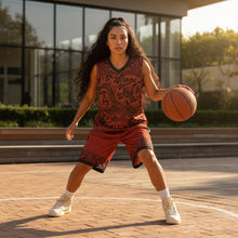 Load image into Gallery viewer, Melodia Gallery unisex basketball jersey with vintage phoenix and floral print on recycled polyester fabric. Red and black.

