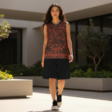 Load image into Gallery viewer, Melodia Gallery unisex basketball jersey with vintage phoenix and floral design in black on rust. Recycled polyester.
