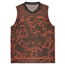 Load image into Gallery viewer, Melodia Gallery unisex basketball jersey with vintage phoenix and floral print on rust-colored recycled polyester.
