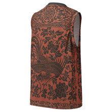 Load image into Gallery viewer, Melodia Gallery unisex basketball jersey in rust with black phoenix and floral print. Recycled polyester, moisture-wicking.
