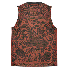 Load image into Gallery viewer, Melodia Gallery unisex basketball jersey in rust with black phoenix and floral print. Recycled polyester, moisture-wicking.
