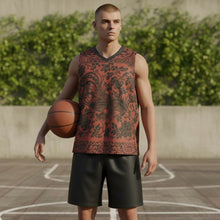 Load image into Gallery viewer, Melodia Gallery unisex basketball jersey with vintage phoenix and floral print in rust and black, made from recycled polyester.
