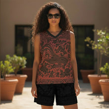 Load image into Gallery viewer, Melodia Gallery unisex basketball jersey with phoenix and floral print in rust and black, made from recycled polyester.
