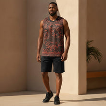 Load image into Gallery viewer, Melodia Gallery unisex basketball jersey and shorts set with vintage phoenix and floral print, made from recycled polyester.
