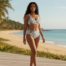 Load image into Gallery viewer, Melodia Gallery black and white phoenix floral print high-waisted bikini set with removable pads and zig-zag stitching.
