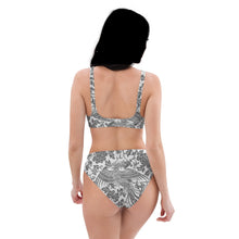 Load image into Gallery viewer, Melodia Gallery black and white phoenix floral print high-waisted bikini set with removable pads and zig-zag stitching.
