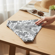 Load image into Gallery viewer, Melodia Gallery black and white floral phoenix print high-waisted bikini bottom made from recycled materials.
