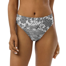 Load image into Gallery viewer, Melodia Gallery black and white phoenix floral print high-waisted bikini bottom made from recycled materials.
