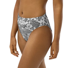 Load image into Gallery viewer, Melodia Gallery black and white floral phoenix print high-waisted bikini bottom made from recycled materials.
