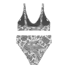 Load image into Gallery viewer, Melodia Gallery black and white floral phoenix print high-waisted bikini set with removable pads and zig-zag stitching.
