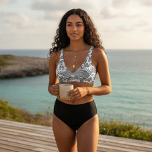 Load image into Gallery viewer, Melodia Gallery black and white floral phoenix print padded bikini top. Recycled material.
