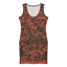 Load image into Gallery viewer, Melodia Gallery Phoenix + Floral Cotton Bodycon Dress in rust with black print. Sleeveless, crew neck, midi length.
