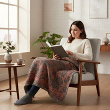 Load image into Gallery viewer, Melodia Gallery Phoenix + Floral Cotton Woven Blanket with fringed edges. Versatile for decor, sofa throw, or picnic.
