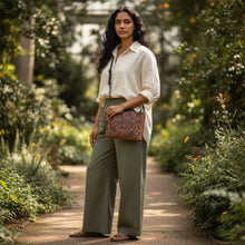 Load image into Gallery viewer, Melodia Gallery faux leather crossbody bag with a vintage Qing Dynasty phoenix and floral print in brown.
