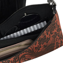 Load image into Gallery viewer, Melodia Gallery faux leather crossbody bag with a vintage Qing Dynasty phoenix and floral print in rust and black.
