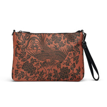 Load image into Gallery viewer, Melodia Gallery faux leather crossbody bag with a vintage phoenix and floral print in dark brown on a rust background.
