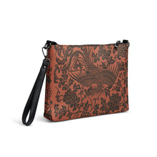 Load image into Gallery viewer, Melodia Gallery faux leather crossbody bag with a vintage phoenix and floral print in dark brown on a rust background.
