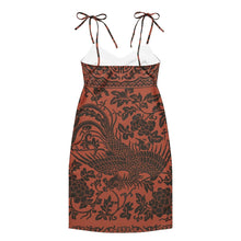 Load image into Gallery viewer, Melodia Gallery Phoenix + Floral Tie-Strap Midi Dress in rust with black floral and phoenix print. Features tie straps, V-neck, and side slit.

