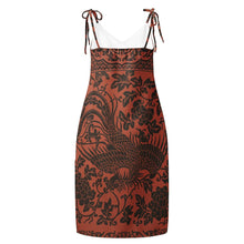 Load image into Gallery viewer, Melodia Gallery Phoenix + Floral Tie-Strap Midi Dress in rust with black floral and phoenix print. Features adjustable tie straps and a V-neck.
