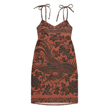 Load image into Gallery viewer, Melodia Gallery Phoenix + Floral Tie-Strap Midi Dress in rust with black print, V-neck, adjustable tie straps, side slit.
