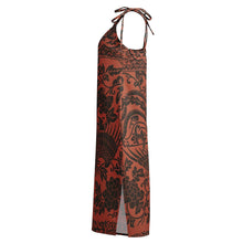 Load image into Gallery viewer, Melodia Gallery Phoenix + Floral Tie-Strap Midi Dress in rust with black floral print, V-neck, side slit, and adjustable tie straps.
