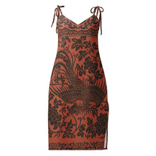 Load image into Gallery viewer, Melodia Gallery Phoenix + Floral Tie-Strap Midi Dress in rust with black print, featuring adjustable tie straps and a side slit.

