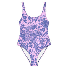 Load image into Gallery viewer, Melodia Gallery baby pink one-piece swimsuit with a purple phoenix and floral print. Features a scoop neckline, low scoop back, and cheeky fit.
