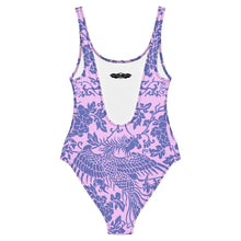 Load image into Gallery viewer, Melodia Gallery baby pink one-piece swimsuit with a purple floral and phoenix print. Features a scoop neckline and low back.
