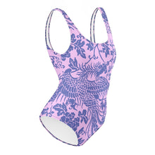 Load image into Gallery viewer, Melodia Gallery baby pink one-piece swimsuit with a blue floral and phoenix print. Features a scoop neckline and low back.
