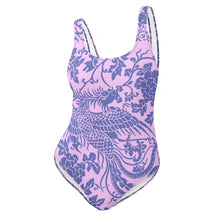 Load image into Gallery viewer, Melodia Gallery baby pink one-piece swimsuit with a blue phoenix and floral pattern. Features a scoop neckline and low back.
