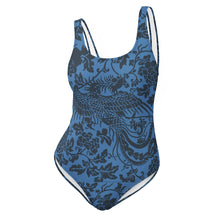 Load image into Gallery viewer, Melodia Gallery blue one-piece swimsuit with a dark blue phoenix and floral print. Made from recycled materials.
