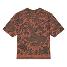 Load image into Gallery viewer, Melodia Gallery oversized rust orange cotton t-shirt with a dark grey phoenix and floral print. Unisex sizing.
