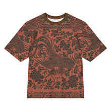 Load image into Gallery viewer, Melodia Gallery oversized rust cotton t-shirt with a dark brown phoenix and floral print. Unisex sizing.
